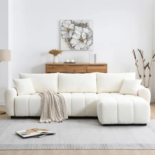 Vista 9 de Merax Boucle - Moderno sofá modular en forma de L con otomana, juego de sofá cama de 4 plazas con 3 almohadas, marco de metal y madera resistente