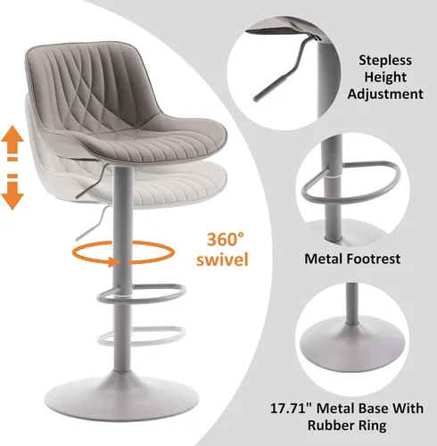 Vista 4 de YOUTASTE Juego de 2 taburetes de bar, taburetes de bar giratorios ajustables con respaldo, sillas de bar tapizadas de piel sintética gris con base