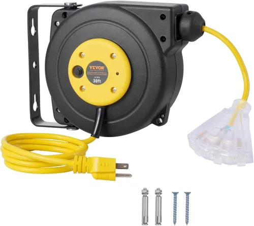 Vista 9 de VEVOR Carrete de cable de extensión retráctil, 30 pies, resistente 16 AWG/3C SJTOW carrete de cable de alimentación retráctil con salida triple