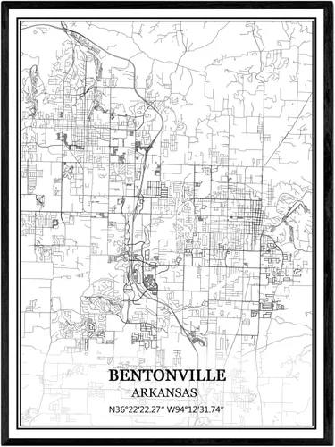 TANOKCRS Bentonville Arkansas USA - Póster impreso en lienzo con diseño de mapa de Estados Unidos, sin marco, moderno, en blanco y negro, regalo de
