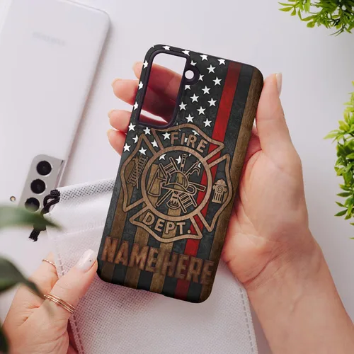 Vista 5 de Funda de teléfono personalizada con bandera estadounidense de madera, diseño de bombero de línea roja, diseño de bombero, regalo personalizado