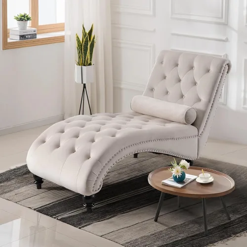 Vista 13 de Tumbona para interiores, moderna silla decorativa de terciopelo con botones copetudos con patas de madera maciza y almohada lumbar, sofá reclinable