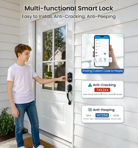 Vista 8 de Veise VE07-H Cerraduras inteligentes de huellas dactilares para puerta delantera con juego de manija, control de aplicación, cerrojo de teclado