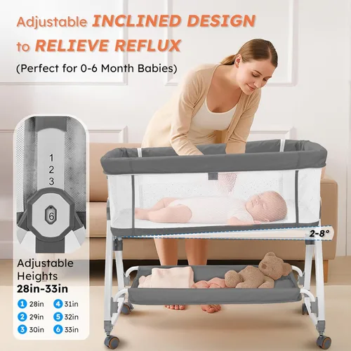 Vista 3 de Cuna para Bebé 4-en-1 para Colocar al Lado de la Cama, Cuna al Lado de la Cama con Ruedas, Cuna con 6 Alturas Ajustables con Colchón Suave