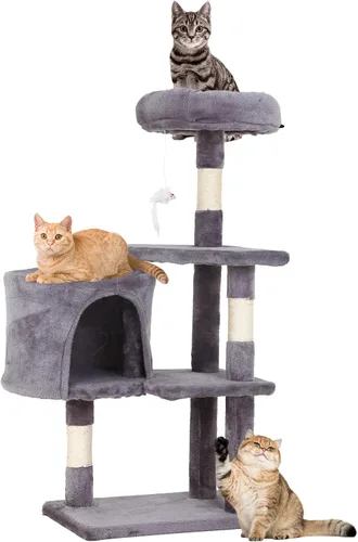 Vista 16 de FDW Torre de árbol para gatos de 54 pulgadas Ceniciento Centro de actividades de interior de varios niveles con postes rascadores de sisal