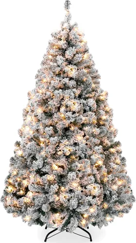 Best Choice Products Árbol de Navidad artificial preiluminado, pino con diseño nevado de 4.5 pies, aspecto completo nevado con fácil montaje,