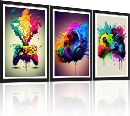 Vista 8 de Framed 3 Piece Game Room Decorative Wall Art Color Video Game Handle Earphone Graffiti Theme Poster Neon Light Poster Print Picture Children Youth