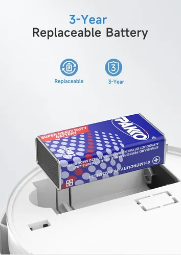 Vista 4 de Detector de humo, Lecoolife, alarma de humo con batería de 9 V con indicador LED, botón de silencio, funciona con pilas, blanco, paquete de 3