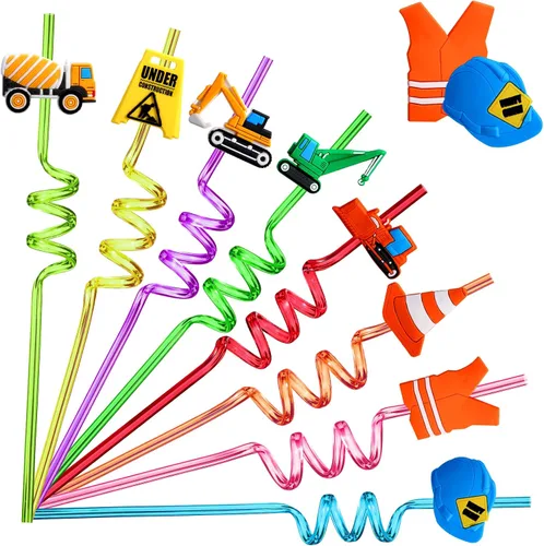 24 pajitas de construcción reutilizables, excavadora, excavadora, licuadora, camión, bebidas de plástico, pajita de cóctel con decoración de dibujos