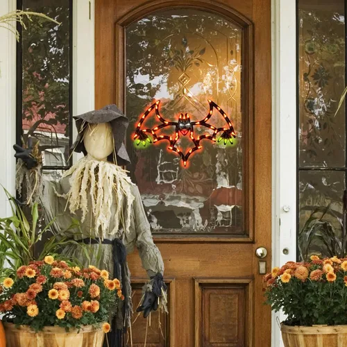 Vista 7 de LAMPHOME Decoraciones de Halloween – Silueta de ventana, linterna iluminada, telaraña, calavera, gato para fiesta, hogar, interior, adornos de mesa