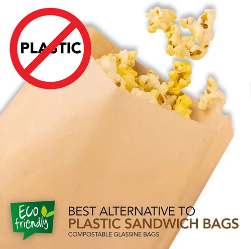 Vista 5 de Bolsas de papel Kraft marrón (paquete de 125) bolsas de grado alimenticio con calcomanías redondas blancas para sellar, bolsas de papel kraft