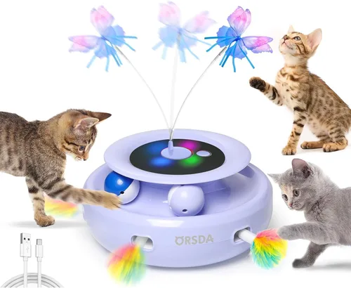 Vista 8 de ORSDA Juguete para gatos, juguete interactivo electrónico automático 3 en 1 con plumas de emboscada en movimiento, mariposa revoloteante, bolas