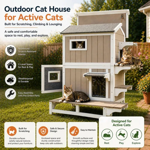 Vista 2 de PetsCosset Outdoor Wooden Cat House for 2-3 Cats Weatherproof Cat Shelter with Waterproof Asphalt Roof, Multi Escape Doors, Elevated 2-Level Cat
