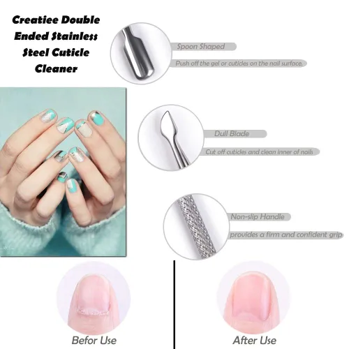 Vista 4 de Creatiee - Removedor y cortador de cutículas, limpiador de cutículas de acero inoxidable de doble extremo, removedor de esmalte de uñas, manicura