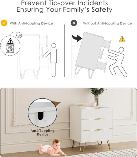 Vista 8 de Cómoda blanca para dormitorio, moderna cómoda acanalada de 3 cajones con almacenamiento, cómoda con asas doradas para dormitorio, sala de estar