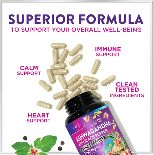 Vista 6 de Suplementos de Ashwagandha para mujeres, absorción máxima con extracto de pimienta negra, cápsulas de Ashwagandha extra fuertes con polvo vegetal