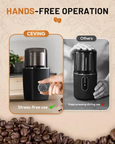 Vista 2 de CEVING Molinillo de café de hoja manos libres, molinillo de café inalámbrico con molienda ajustable 5-30S, seguridad de triple bloqueo y batería