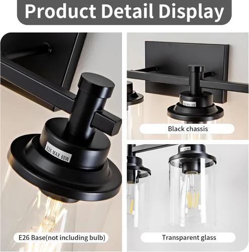 Vista 4 de Lámparas de baño de 3 luces, modernas luces negras de tocador sobre el espejo, aplique de pared con pantalla de vidrio transparente y base de metal