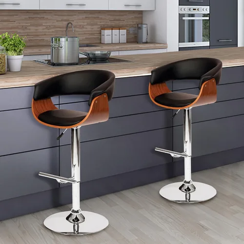 Vista 3 de Armen Living Adele - Taburete giratorio moderno de altura ajustable de piel sintética y madera de nogal con base cromada para encimera de isla