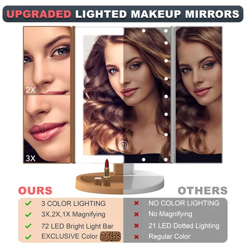 Vista 3 de RoLeDo Espejo de maquillaje iluminado con aumento 2 x 3 x 10X, espejo de tocador triple con luces, espejo de 72 LED, pantalla táctil, iluminación