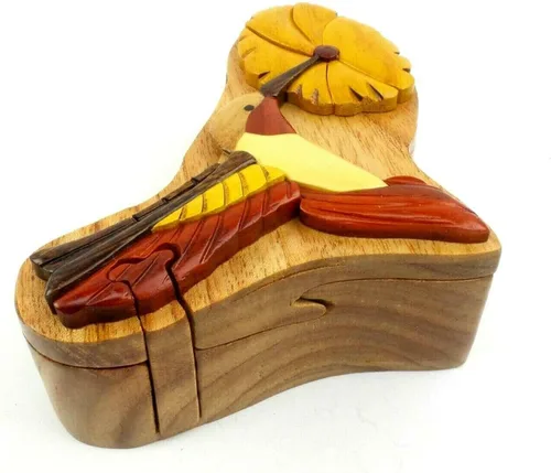 Vista 5 de Hummingbird & Flower - Caja de rompecabezas de Intarsia de madera natural, hecha a mano con compartimento secreto