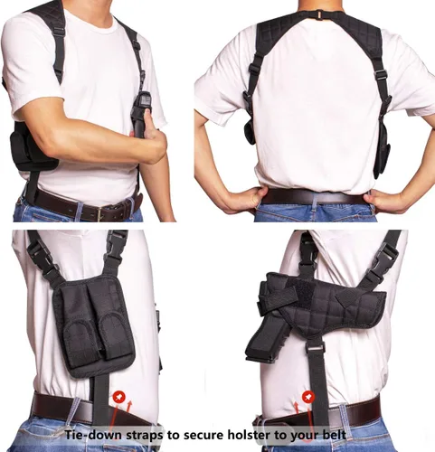 Vista 7 de Funda de hombro para pistolas, funda vertical ajustable para pistola con doble bolsa de cargador, funda de transporte oculta universal que se adapta