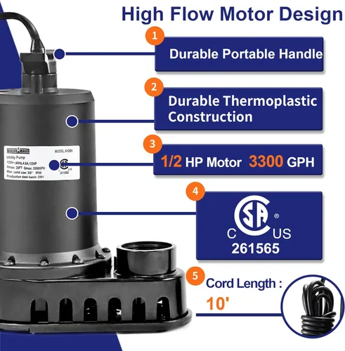 Vista 2 de WASSERMANN Bomba de Agua Sumergible de 1/2HP, 3300GPH Bomba de Utilidad Termoplástica Eléctrica Portátil de Transferencia para Sumidero Limpio/Sucio