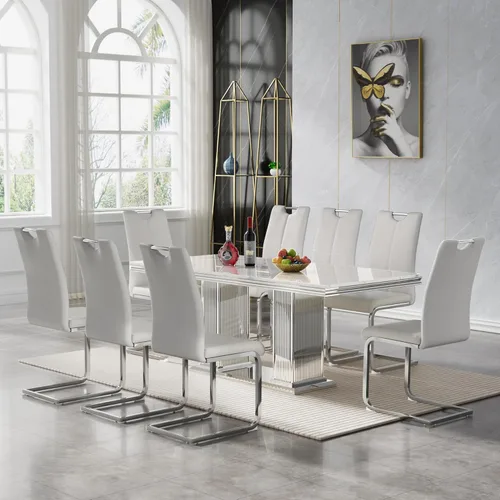 Vista 27 de 5 Piece Black Marble Dining Table Set for 4, Modern Faux Marble Kitchen Dining Room Tables with 4 Leather Chairs Set, 68.11" Luxury Rectangular