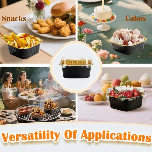 Vista 4 de 50 piezas de mini tazas cuadradas para hornear con tapas, mini moldes de papel de aluminio de 5 onzas con tapas, moldes desechables ramekins