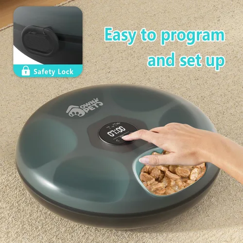 Vista 6 de Ownpets Comedero automático para gatos para alimentos húmedos y secos, con 2 paquetes de hielo, 6 comidas programable, alimentador automático Negro