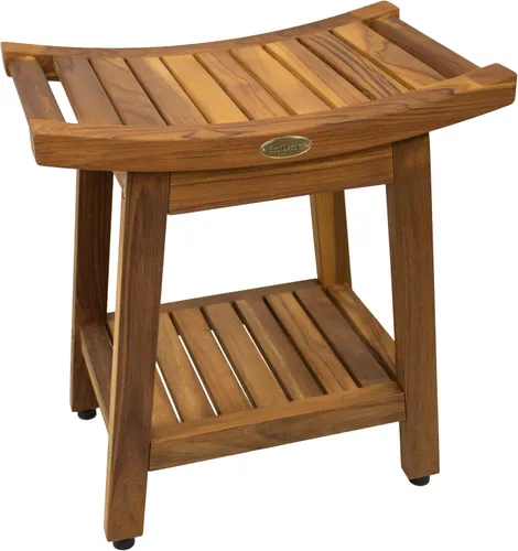 EcoDecors Teak Bench for Shower 18 Inch, Waterproof Teak Wood Shower Bench - Bath Seat with Shelf, 300 lb Capacity, Slip Resistant Feet, Compact Fit