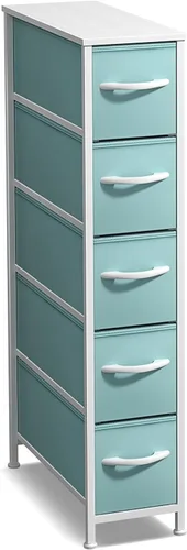 Vista 23 de Sorbus Cómoda estrecha con 4 cajones - cómoda de almacenamiento vertical delgada con marco de acero, parte superior de madera y contenedores de tela