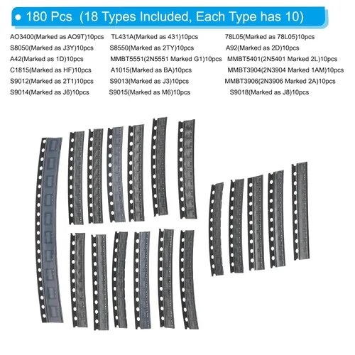 Vista 2 de PATIKIL Kit de surtido de transistores de potencia de dispositivos montados en superficie, componente electrónico 180pcs 18Types para aplicaciones