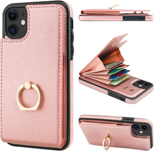 Vista 11 de Folosu Funda compatible con iPhone 11, cartera con tarjetero y rotación de 360°, soporte de anillo de dedo con función atril, bloqueo RFID, piel