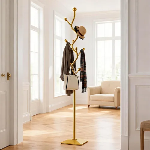 Vista 4 de Perchero con forma de árbol, árbol de abrigos independiente con 8 ganchos y base de metal resistente para abrigos, sombreros y bolsos, soporte