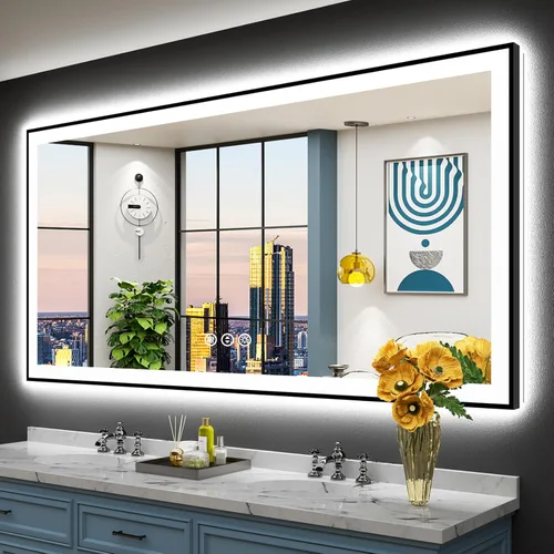 Vista 60 de Espejo de baño LED de 48 x 30 pulgadas con luces, retroiluminado + frontal iluminado, espejo de tocador con luz antiniebla para pared de baño con 3