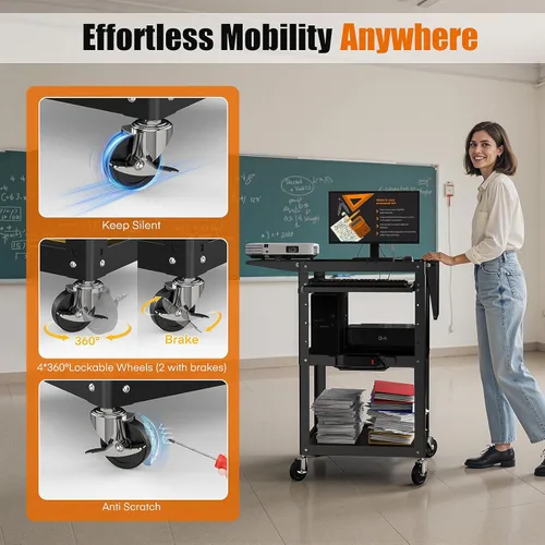 Vista 5 de Carrito AV con ruedas de acero con altura ajustable y potencia integrada, estación de trabajo multimedia de alta resistencia con estantes y ruedas