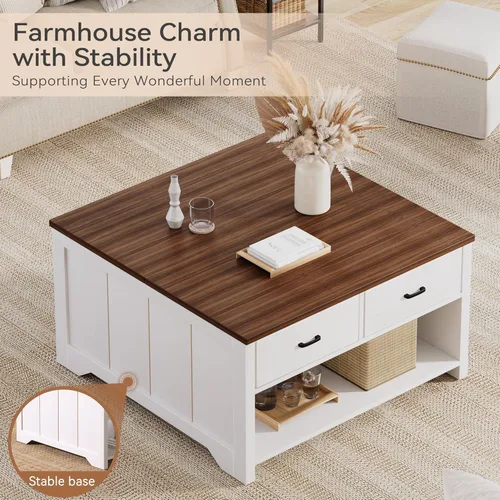 Vista 7 de Mesa auxiliar elevable, mesa de té de madera con gran almacenamiento abierto, mesas de centro cuadradas para sala de estar, mesas de café rústicas