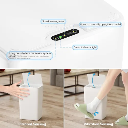 Vista 5 de Paquete de 2 cubos de basura pequeños para baño con tapa, 4 galones, sin contacto, automático, delgado, impermeable, sensor de movimiento, cubo