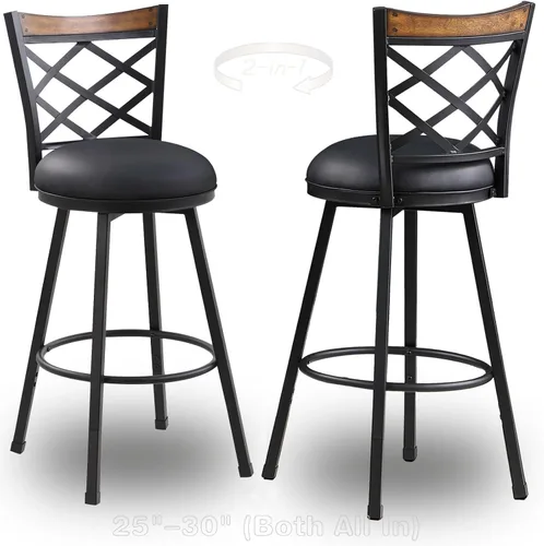 Vista 9 de KORZEY Juego de 2 taburetes de bar giratorios de 25/30 pulgadas, ajustables, de piel sintética, color negro, con marco negro, taburetes de bar