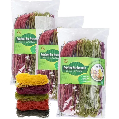 TANISA 3 paquetes de fideos de arroz Vercimelli vegetales, 5 colores naturalmente vegetales, fideos de arroz finos, fideos sin gluten, sin OMG, sin