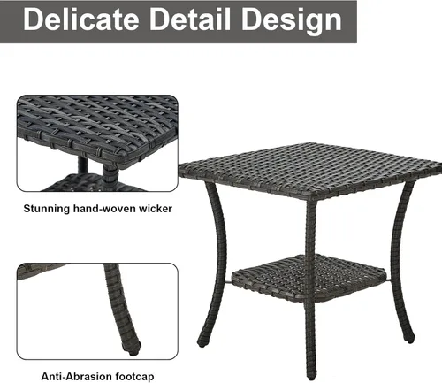 Vista 4 de Mesa de patio al aire libre Mesas auxiliares Mesa de centro de mimbre con 2 estantes de almacenamiento de ratán mesa auxiliar cuadrada para patio