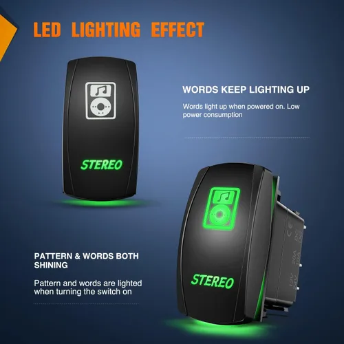 Vista 3 de Nilight Interruptor basculante estéreo, barra de luz LED, 5 pines, láser, encendido y apagado, interruptores SPST 20A/12V 10A/24V verde con cables