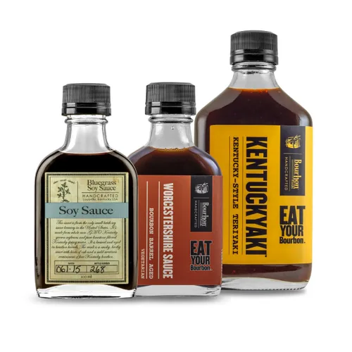 Paquete de 3 salsas de barril de bourbon - salsa de soja Bluegrass, salsa Worcestershire añeja y Kentuckyaki