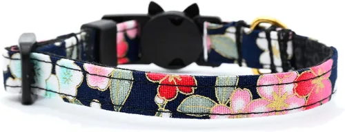 Floral Cat or Kitten Collar - Red & Pink Cherry Blossoms - Metallic Gold - 3/8 Inch Wide - 2 Sizes - Breakaway Safety Buckle - Handmade by Green