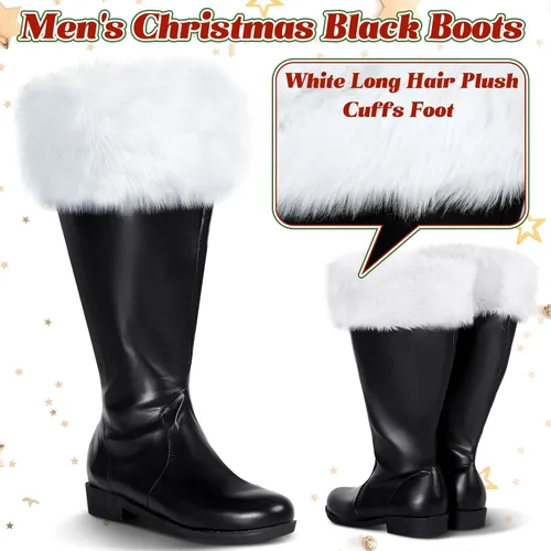 Vista 4 de Liitrsh Botas de Papá Noel de Navidad, botas negras de pantorrilla ancha, puños de felpa blanca, pie para disfraz de Halloween y Navidad