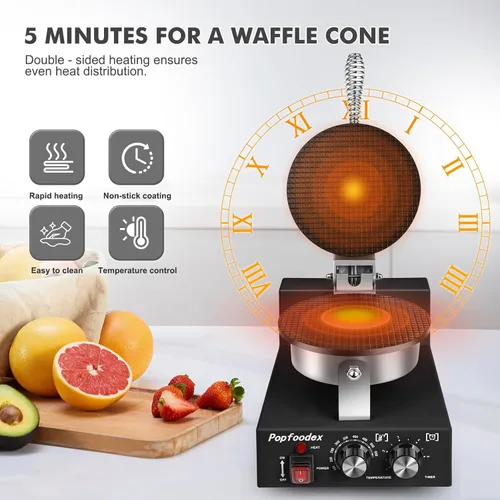Vista 3 de Máquina comercial para hacer conos de gofres – Máquina comercial de cono de helado de 1200 W con sartén antiadherente de 8 pulgadas y temperatura