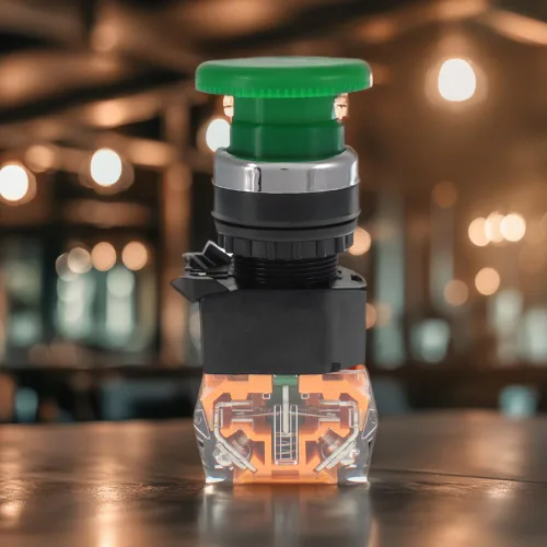 Vista 2 de Interruptor de botón de emergencia, cabeza de hongo verde, para equipos domésticos o industriales, salas de operaciones, cajas de distribución, NO