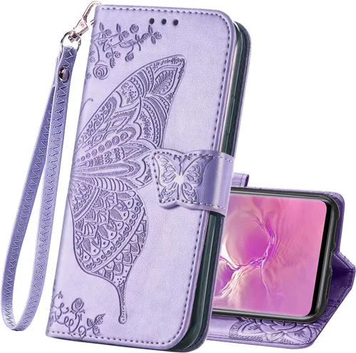 Vista 15 de Funda protectora de piel sintética para Samsung Galaxy S10e, con tapa para mujer, con correa para la muñeca, ranuras para tarjetas, bolsillo en Azul