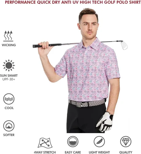 Vista 5 de Camisas de golf para hombre, Dry Fit, manga corta, estampado, de rendimiento, absorbe la humedad